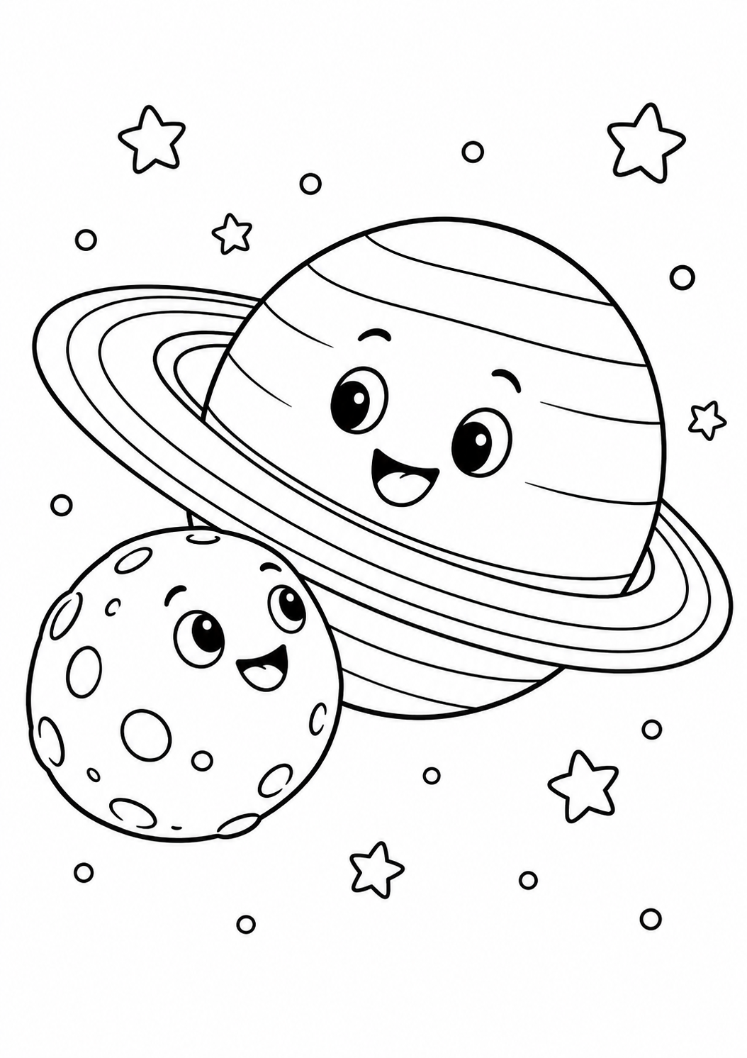 Satélite simpático próximo de um planeta com anéis, desenho para colorir em A4 retrato
