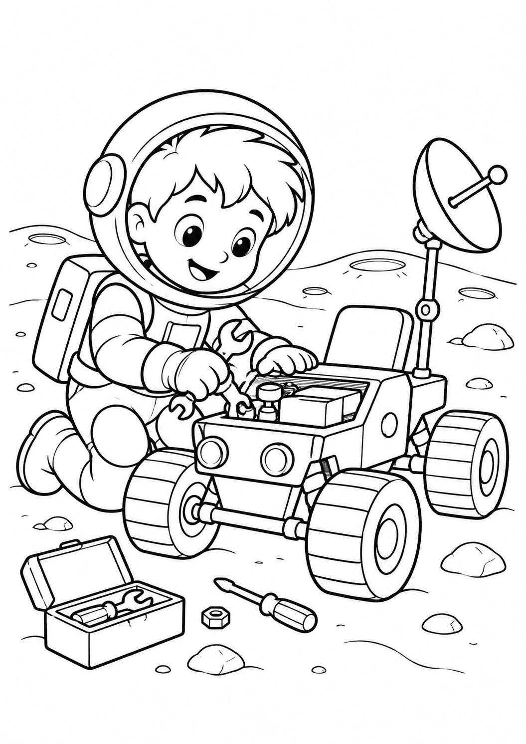 Pequeno explorador consertando um carrinho lunar, desenho para colorir em A4 retrato