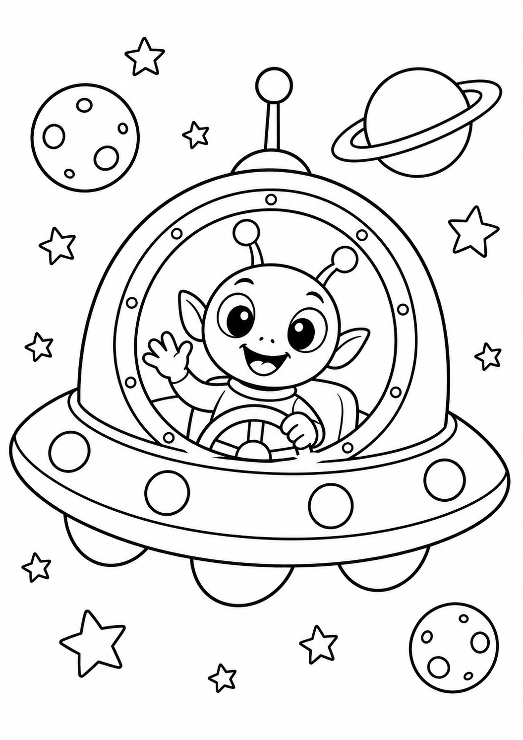 Nave com janela redonda e piloto alienígena alegre, desenho para colorir em A4 retrato