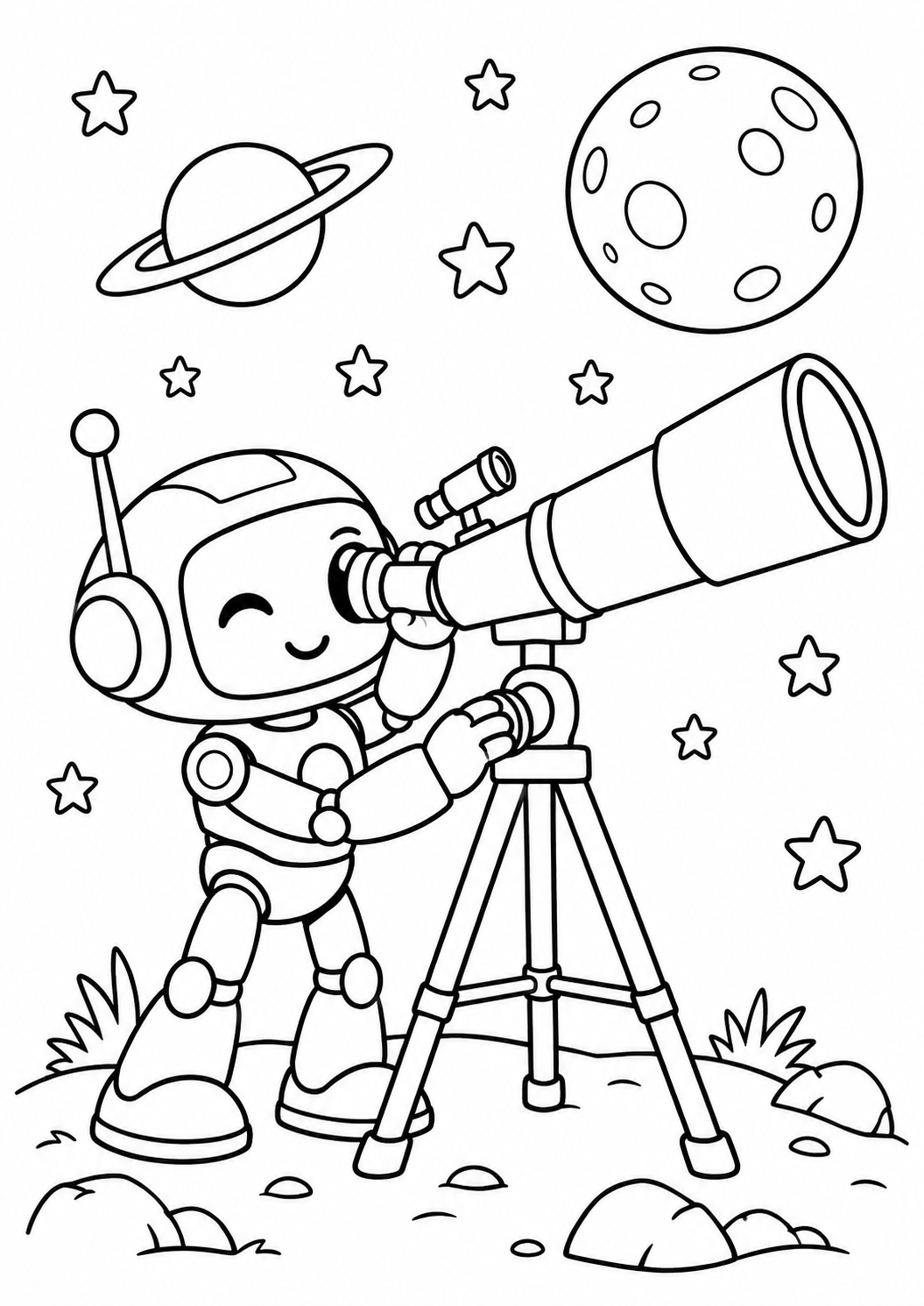 Robô astrônomo olhando por um telescópio, desenho para colorir em A4 retrato