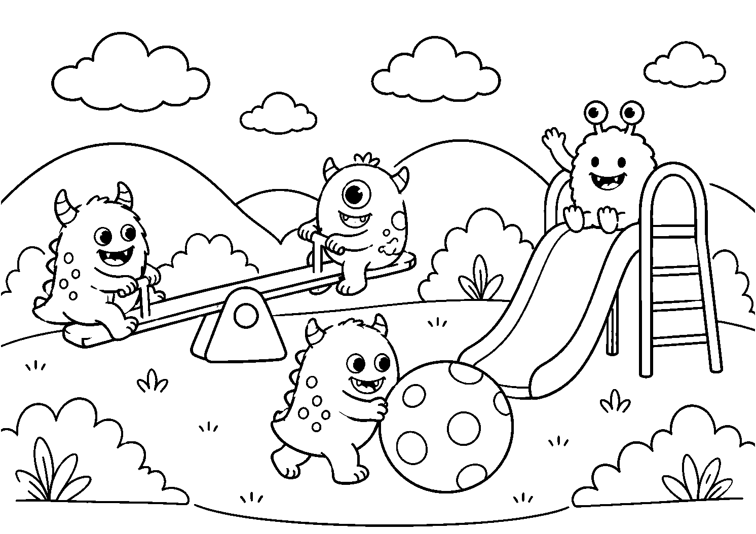 Monstrinhos no parquinho, desenho para colorir em A4 paisagem