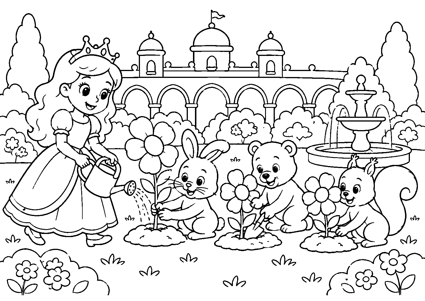 Princesa e animais no jardim do castelo, desenho para colorir em A4 paisagem