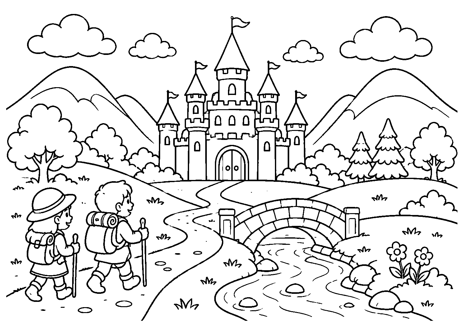 Crianças a caminho do castelo, desenho para colorir em A4 paisagem