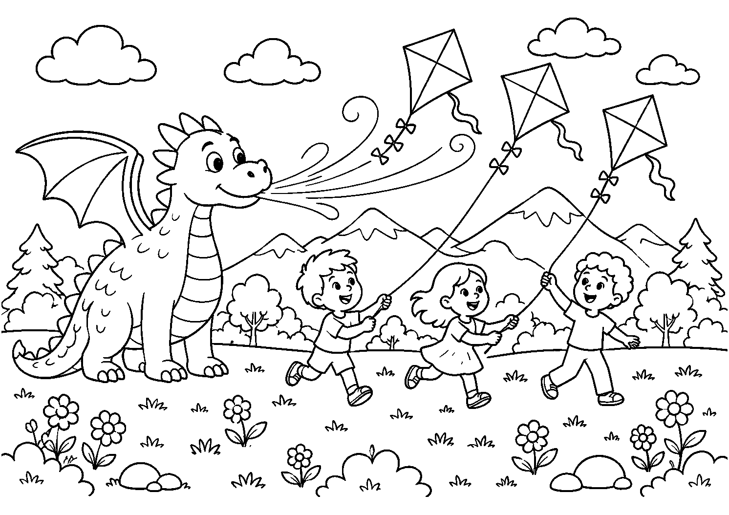 Dragão e crianças soltando pipas, desenho para colorir em A4 paisagem