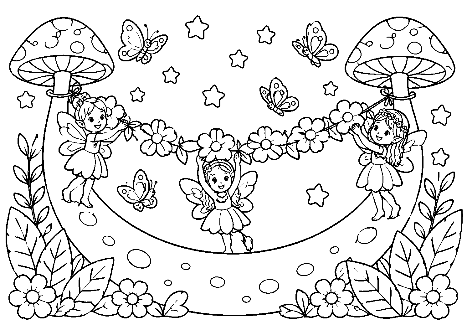 Fadas entre flores e cogumelos, desenho para colorir em A4 paisagem