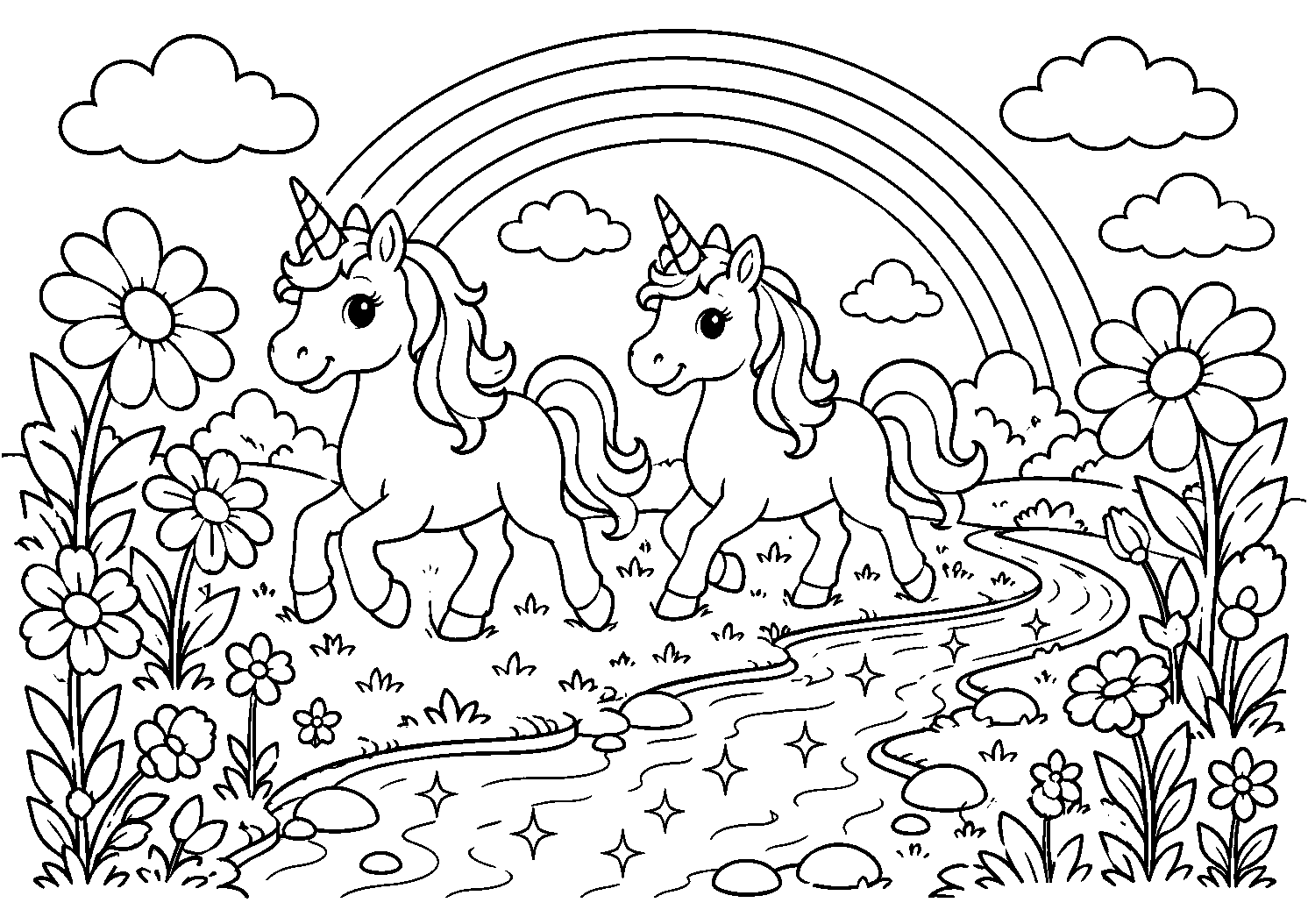 Unicórnios sob o arco-íris, desenho para colorir em A4 paisagem