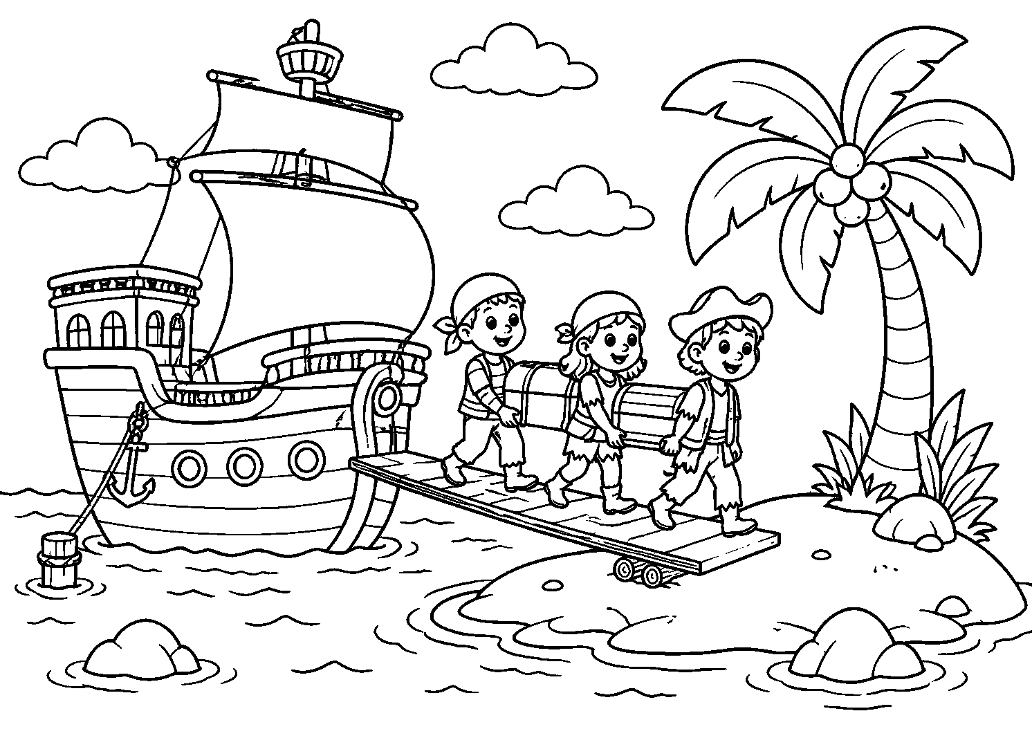 Crianças piratas desembarcando na ilha, desenho para colorir em A4 paisagem