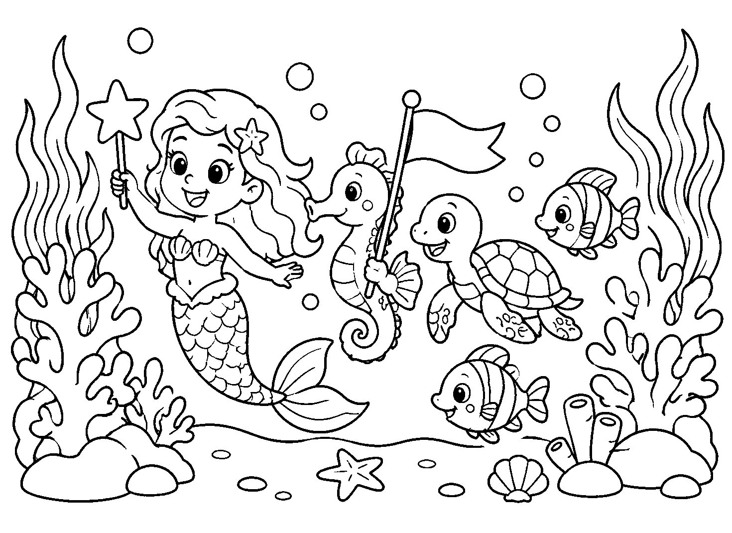 Sereia e animais marinhos, desenho para colorir em A4 paisagem