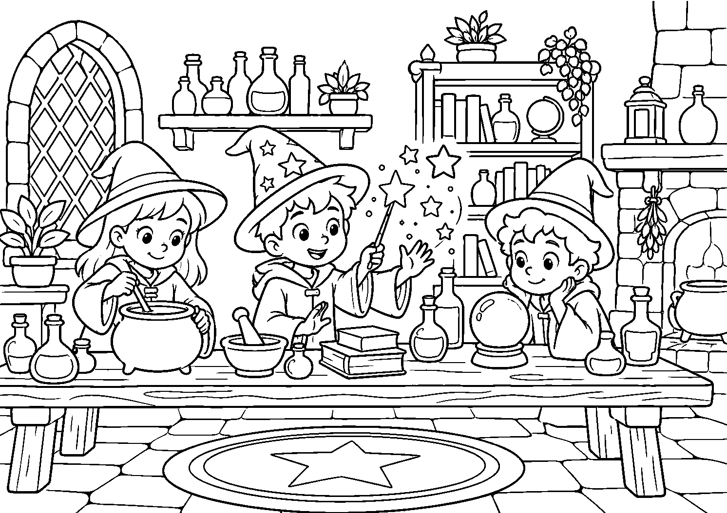 Pequenos bruxos com poções e varinhas, desenho para colorir em A4 paisagem
