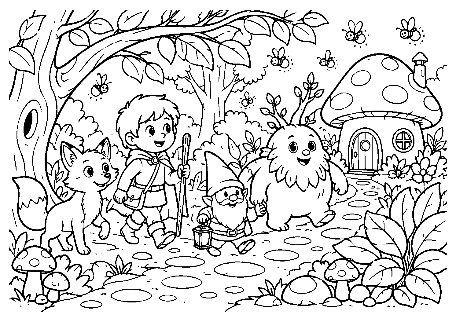 Menino e gnomo na floresta encantada, desenho para colorir em A4 paisagem