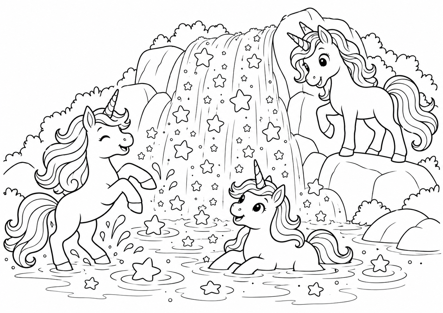 Unicórnios brincando perto de uma cachoeira de estrelas, desenho para colorir em A4 paisagem
