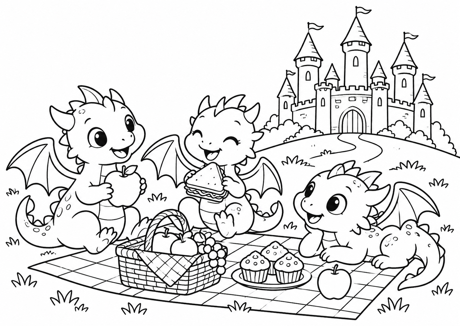Dragões bebês fazendo piquenique junto a um castelo, desenho para colorir em A4 paisagem