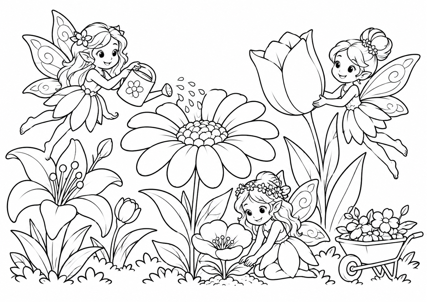 Fadas cuidando de um jardim de flores gigantes, desenho para colorir em A4 paisagem