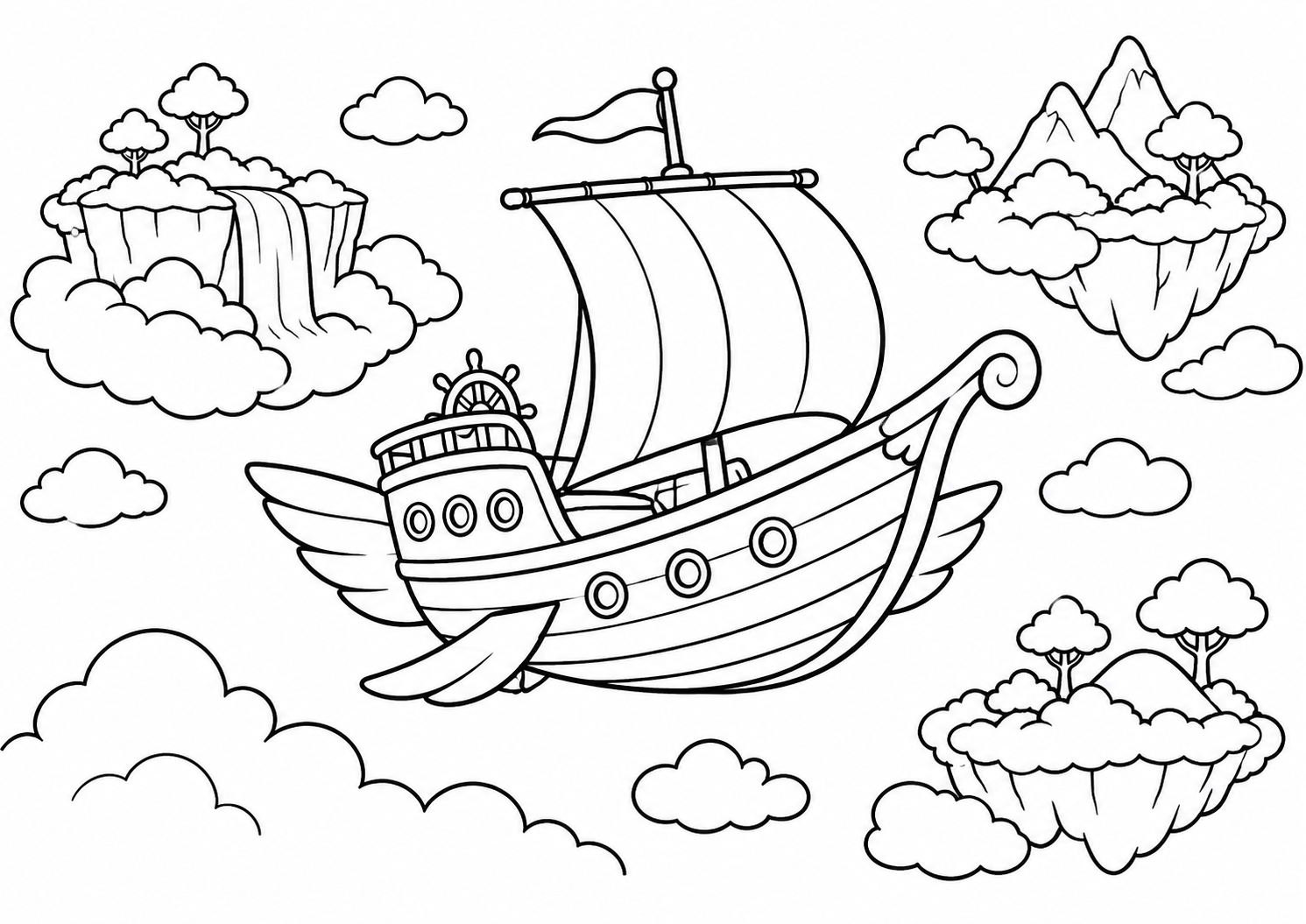 Barco voador navegando entre ilhas de nuvens, desenho para colorir em A4 paisagem