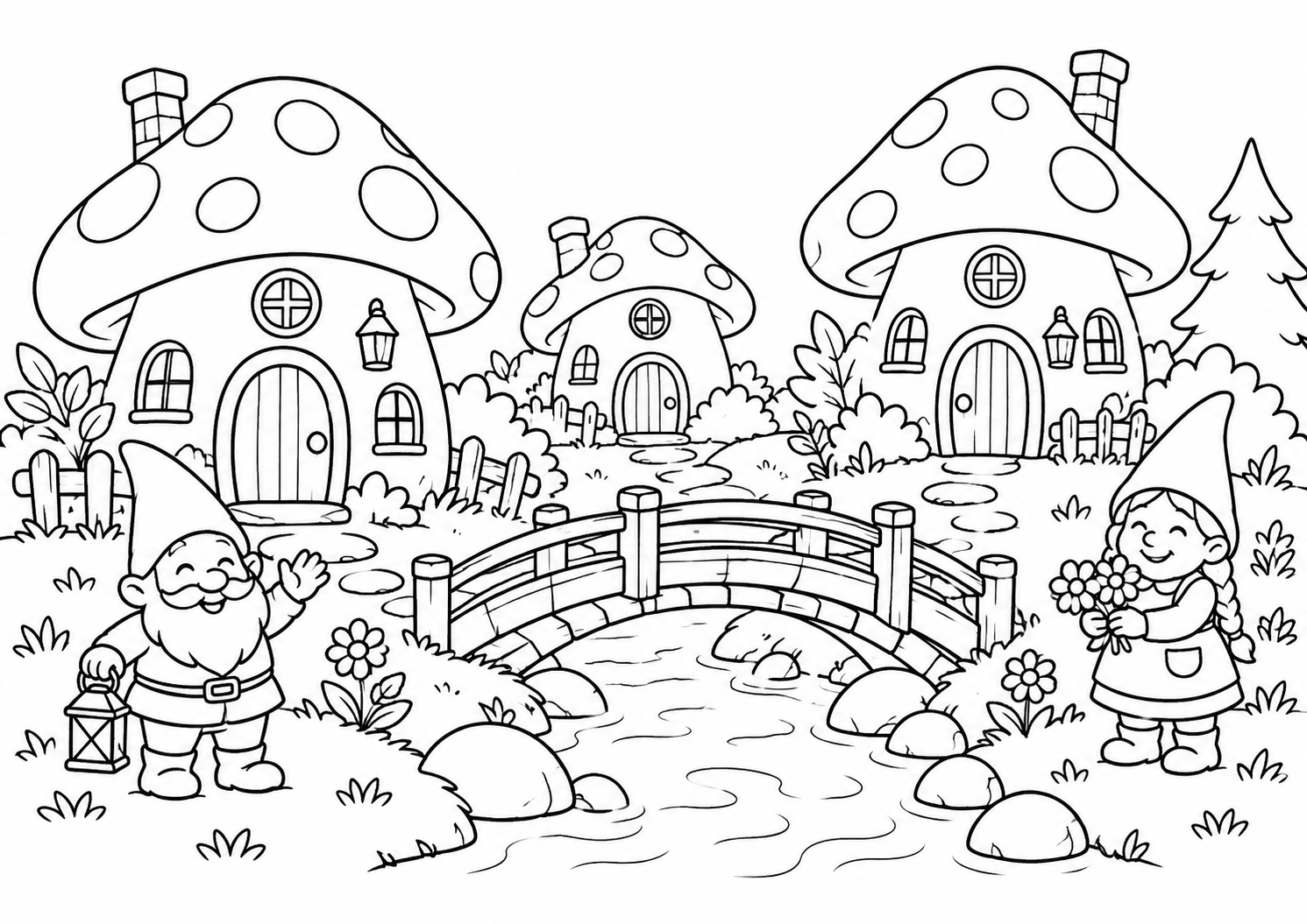 Vila de gnomos com casas de cogumelo e ponte, desenho para colorir em A4 paisagem