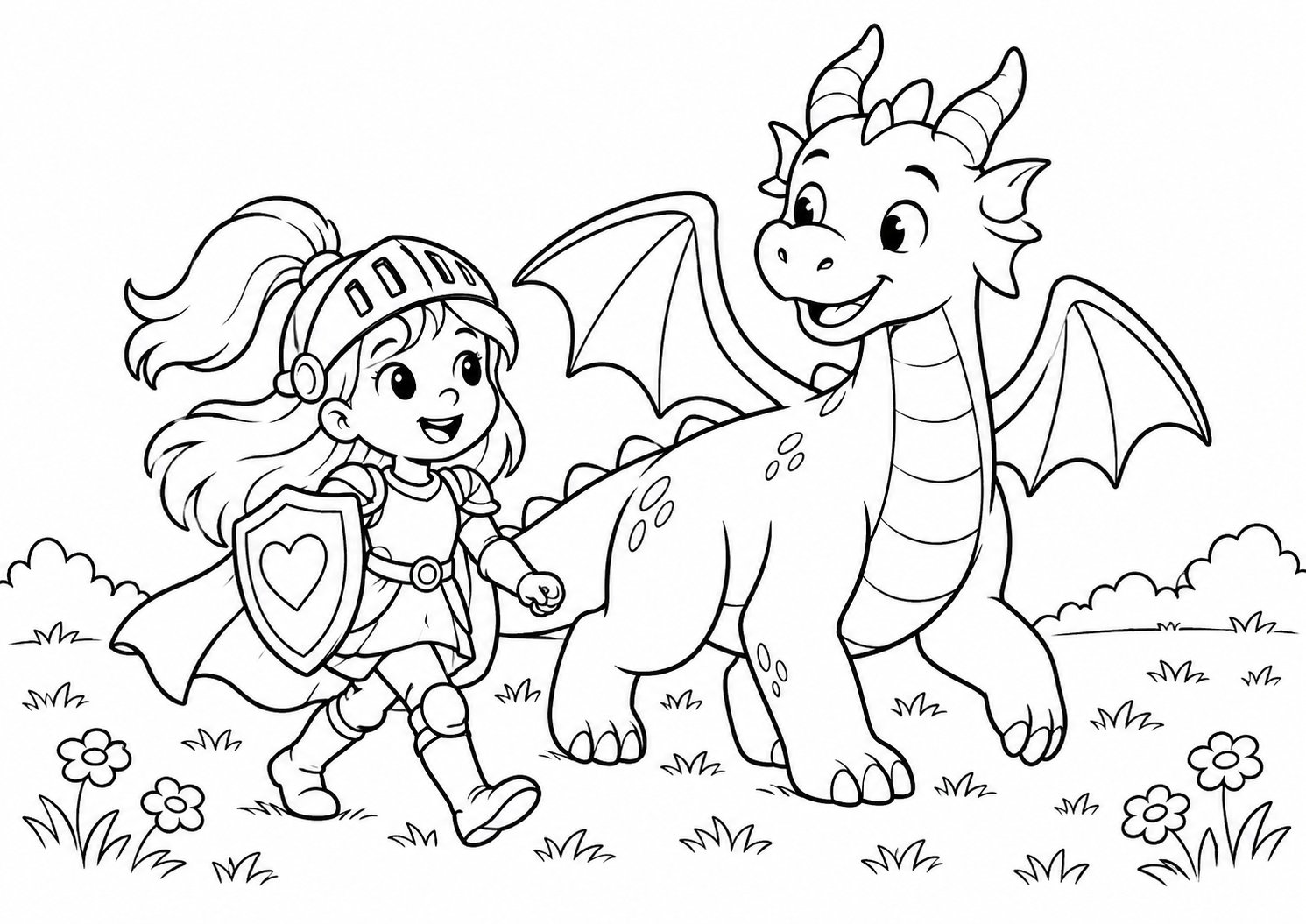 Cavaleira infantil e dragão amigo atravessando um campo, desenho para colorir em A4 paisagem
