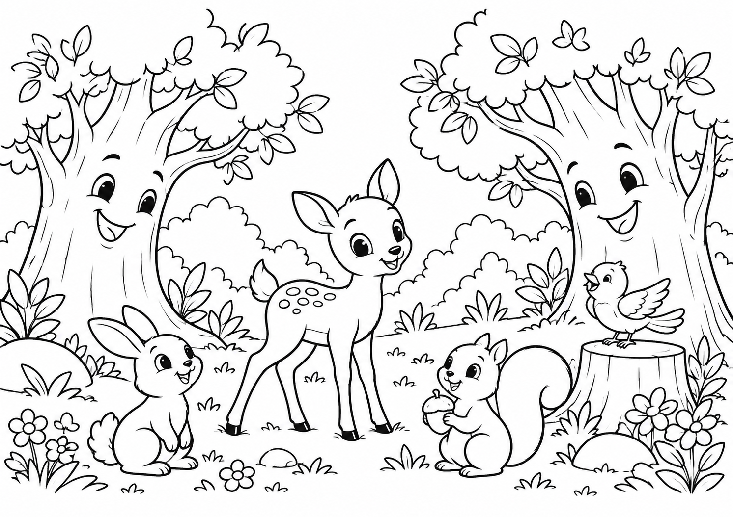 Floresta encantada com árvores sorridentes e animais gentis, desenho para colorir em A4 paisagem