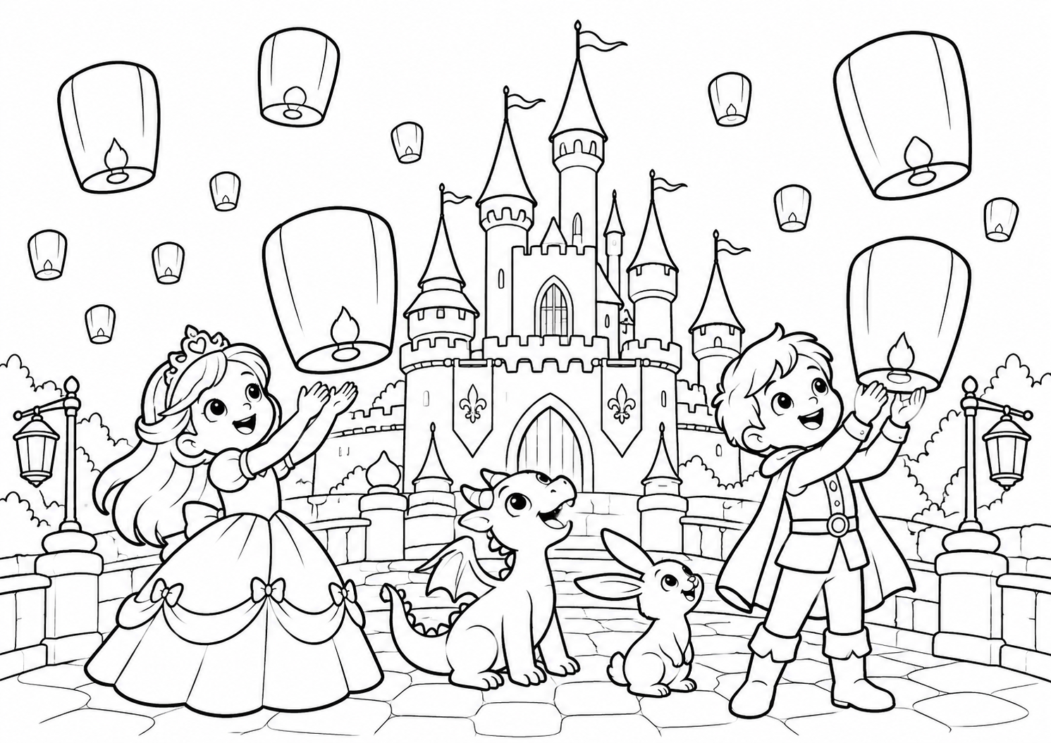 Festival de lanternas num castelo de fantasia, desenho para colorir em A4 paisagem