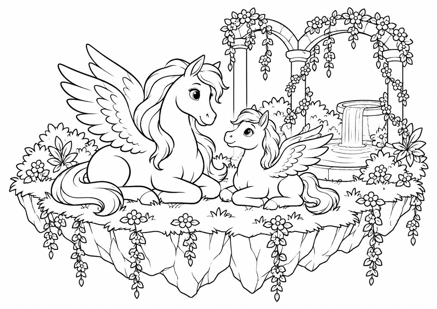 Cavalos alados descansando num jardim suspenso, desenho para colorir em A4 paisagem