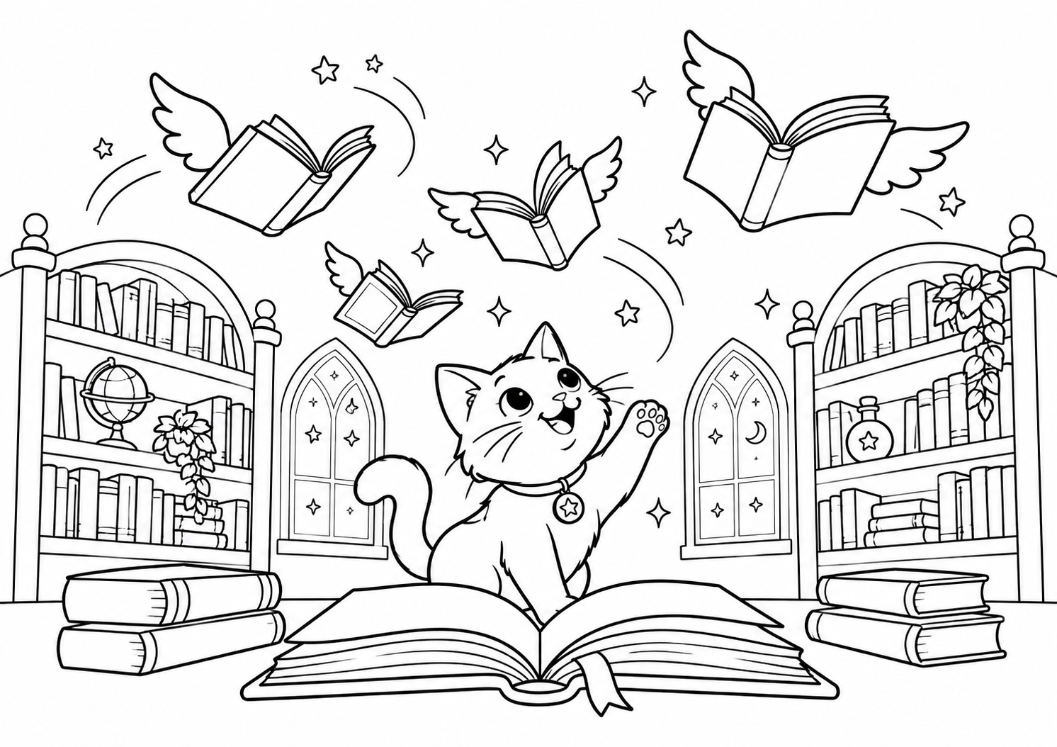 Biblioteca mágica com livros voando e gato, desenho para colorir em A4 paisagem