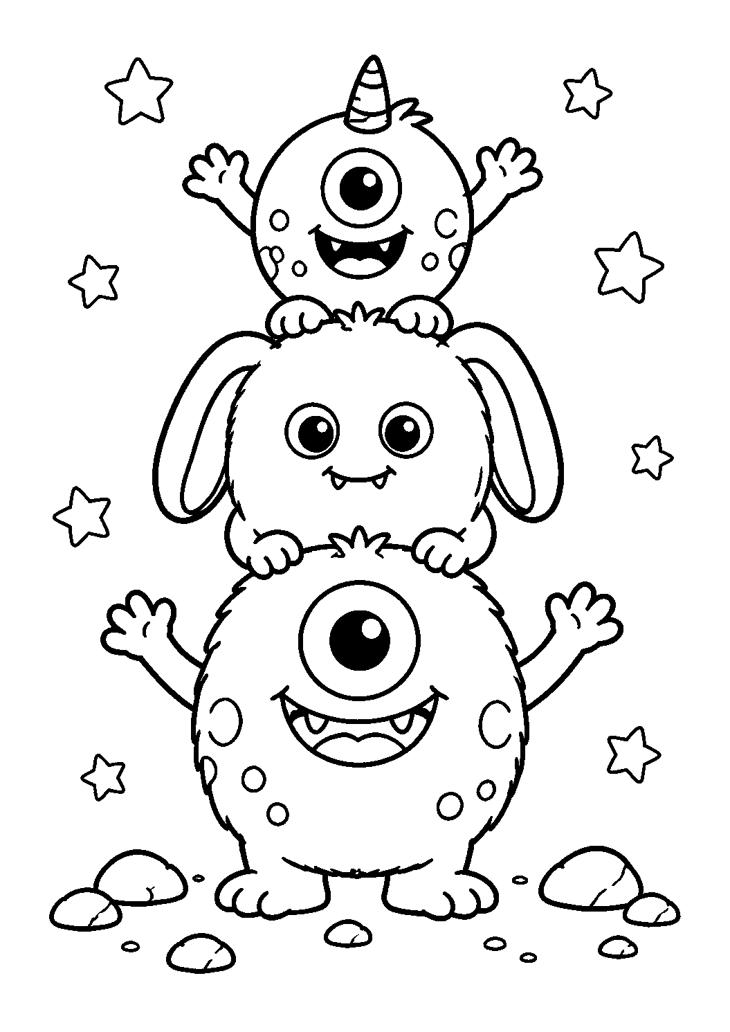 Três monstrinhos empilhados, desenho para colorir em A4 retrato