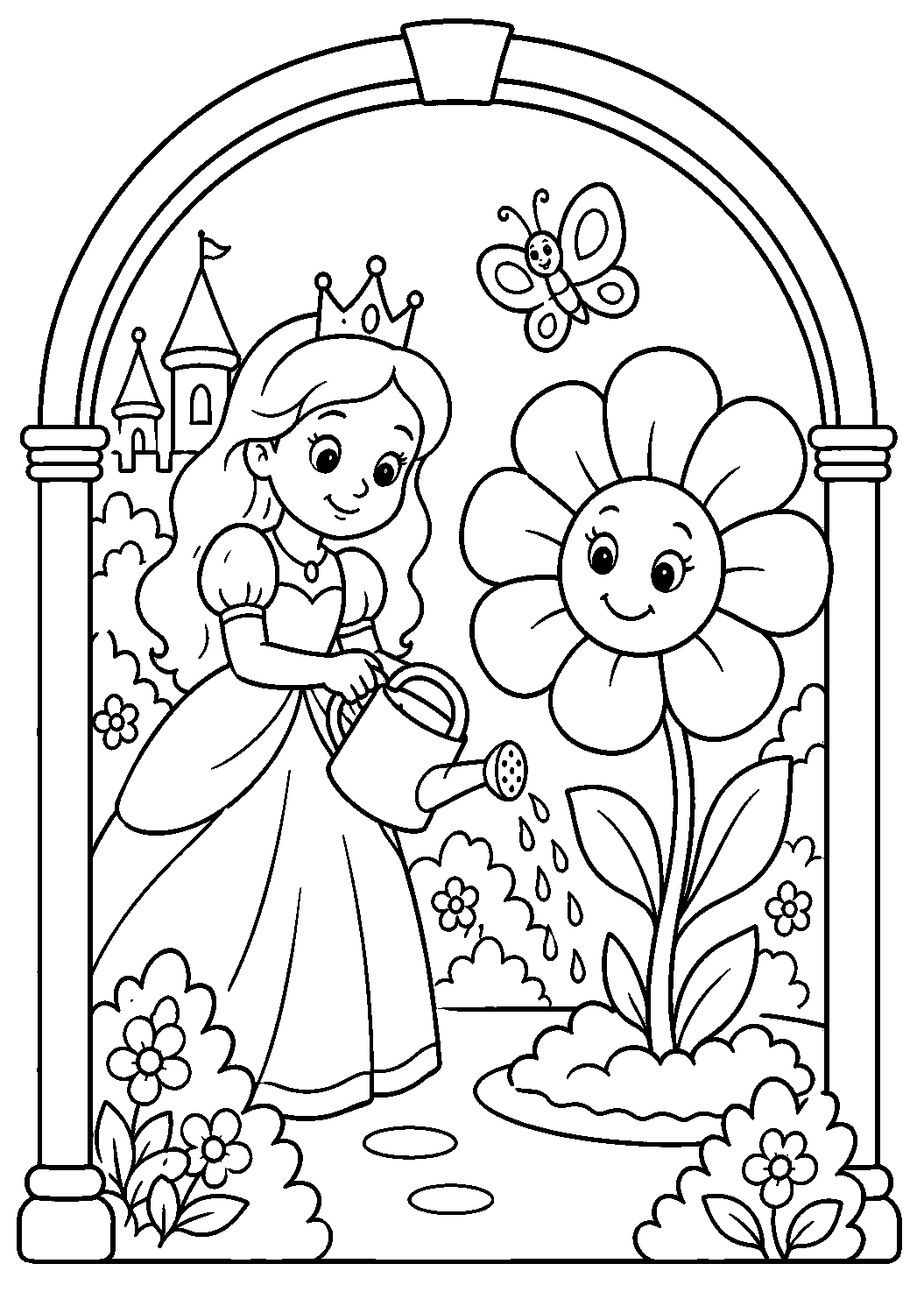 Princesa regando uma flor gigante, desenho para colorir em A4 retrato