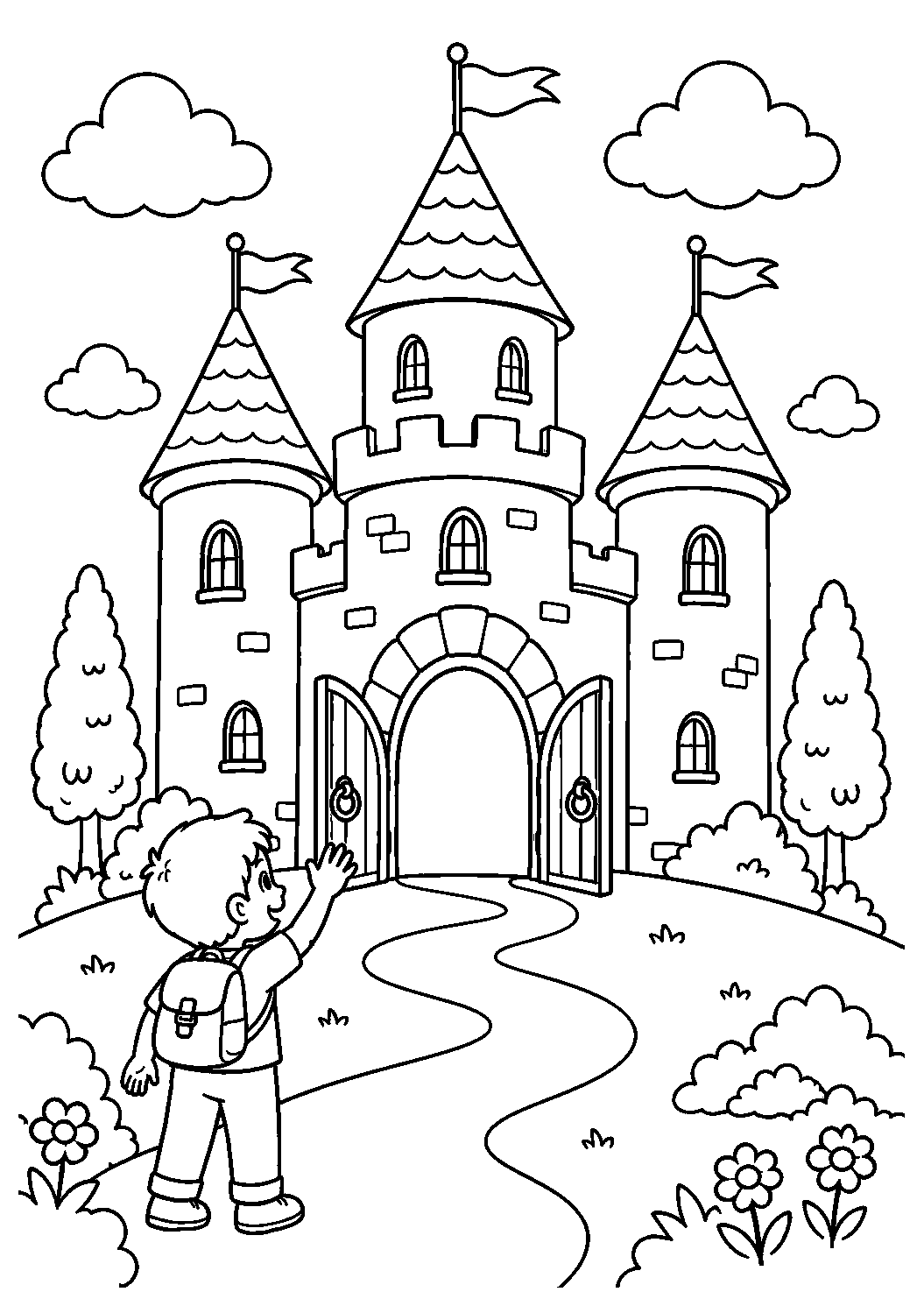 Menino diante do castelo, desenho para colorir em A4 retrato