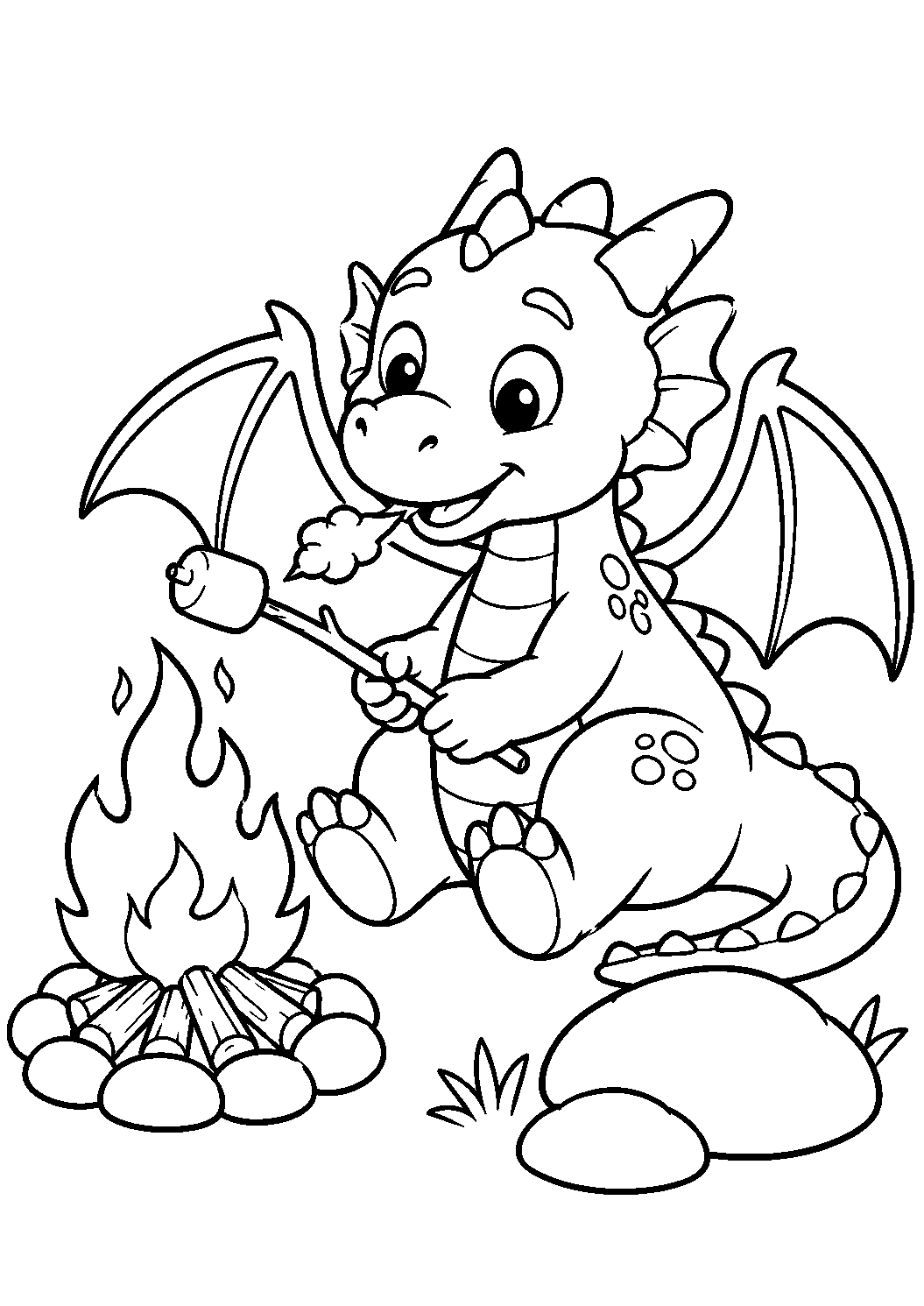 Dragão assando marshmallow, desenho para colorir em A4 retrato