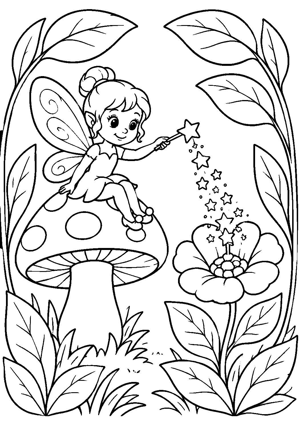 Fada sentada no cogumelo, desenho para colorir em A4 retrato
