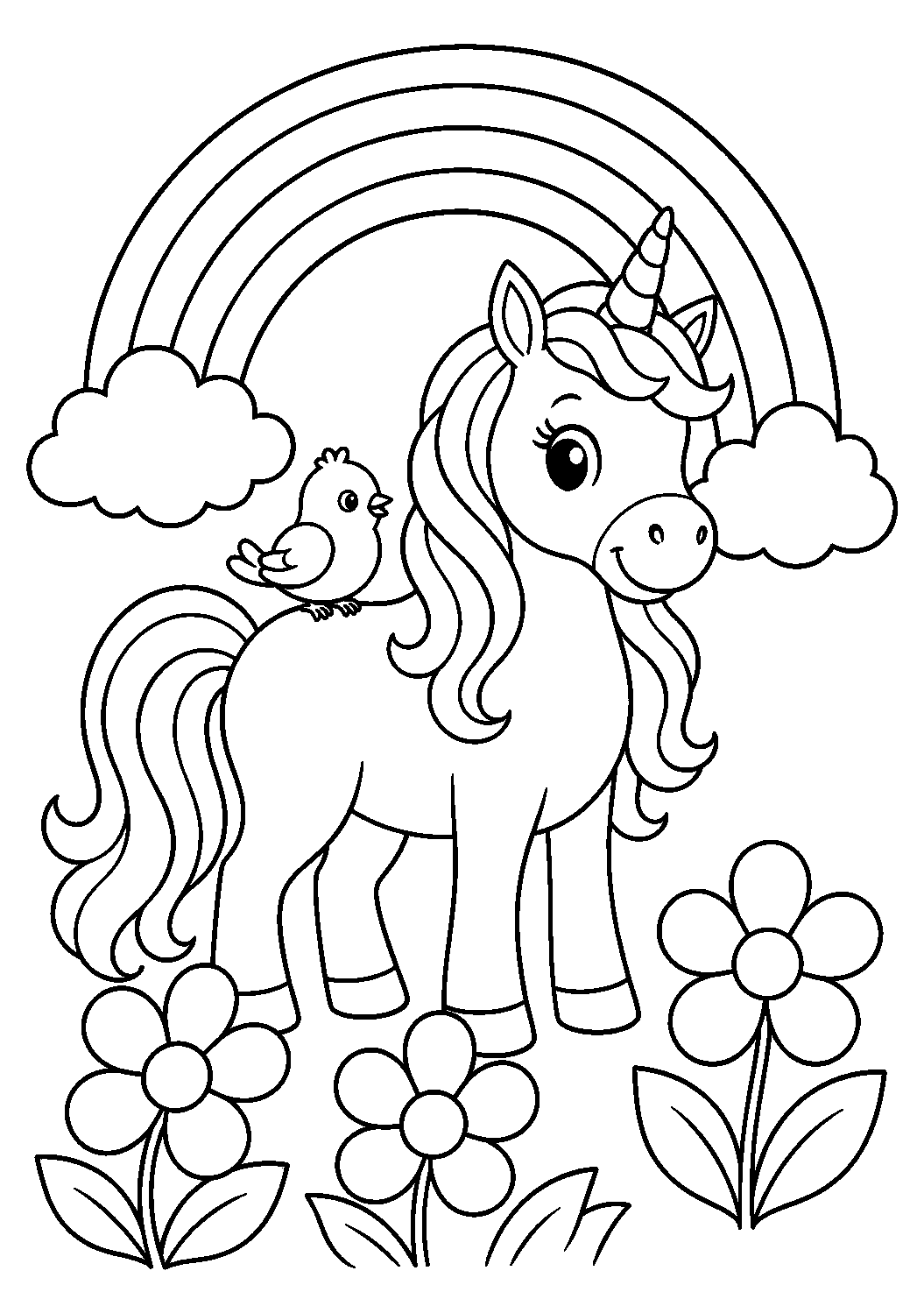Unicórnio com arco-íris e passarinho, desenho para colorir em A4 retrato