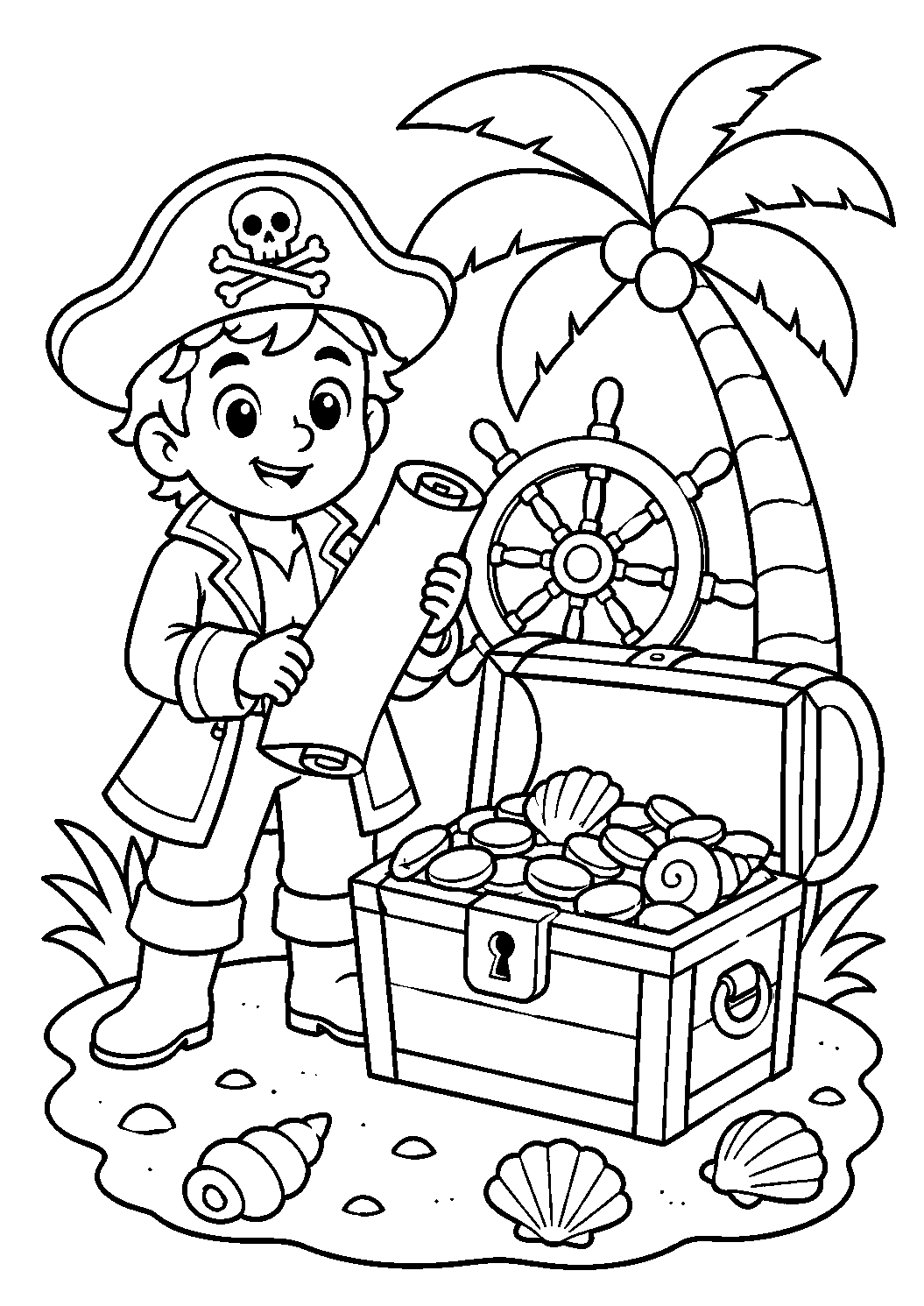 Pirata com mapa e baú do tesouro, desenho para colorir em A4 retrato