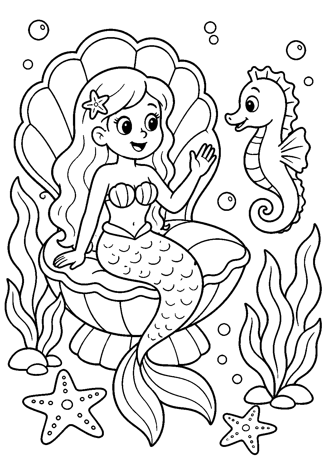 Sereia com cavalo-marinho, desenho para colorir em A4 retrato