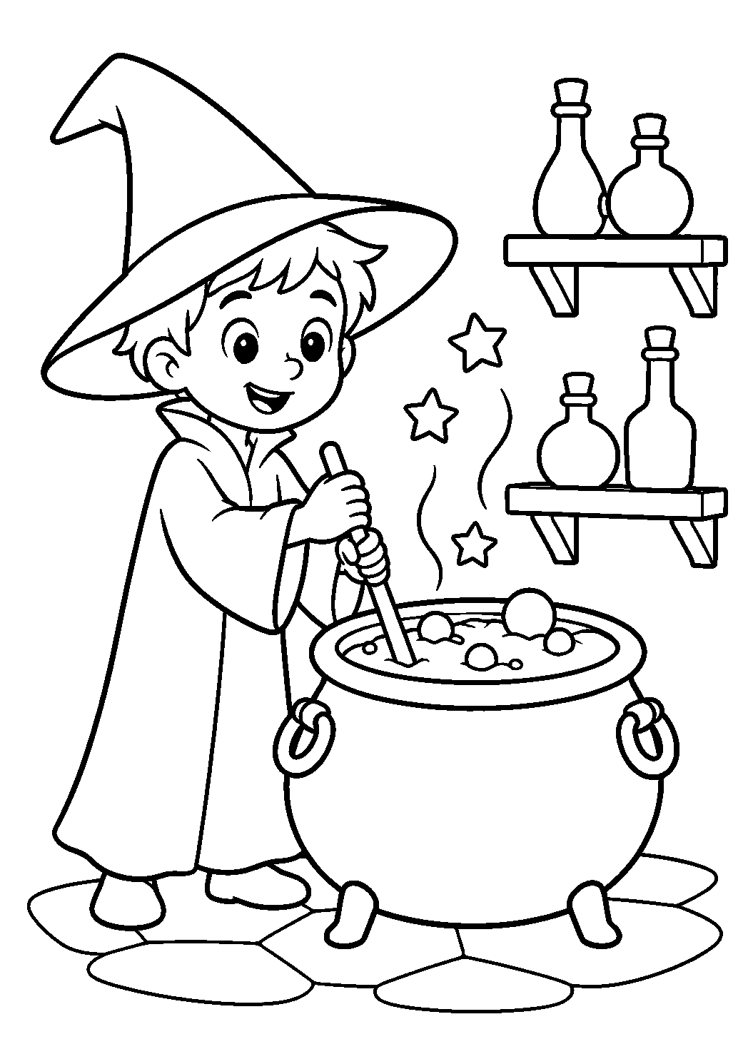 Pequeno bruxo preparando poção, desenho para colorir em A4 retrato