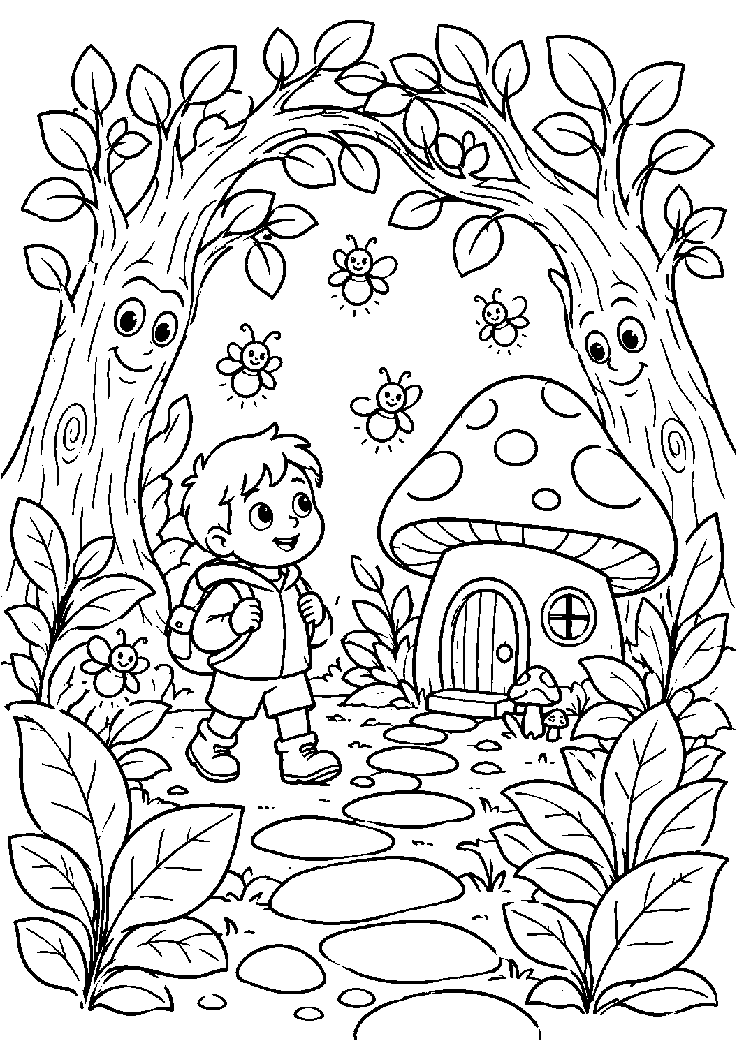 Menino na floresta encantada, desenho para colorir em A4 retrato