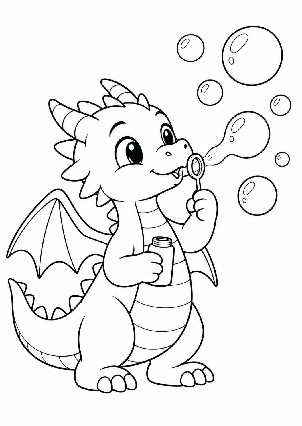 Dragãozinho gentil soprando bolhas em vez de fogo, desenho para colorir em A4 retrato