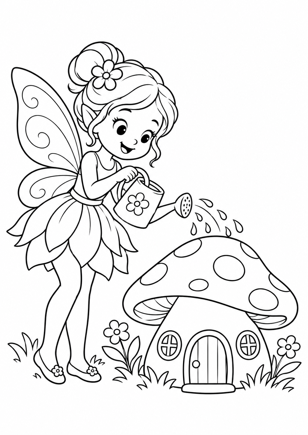 Fadinha regando um cogumelo-casa, desenho para colorir em A4 retrato