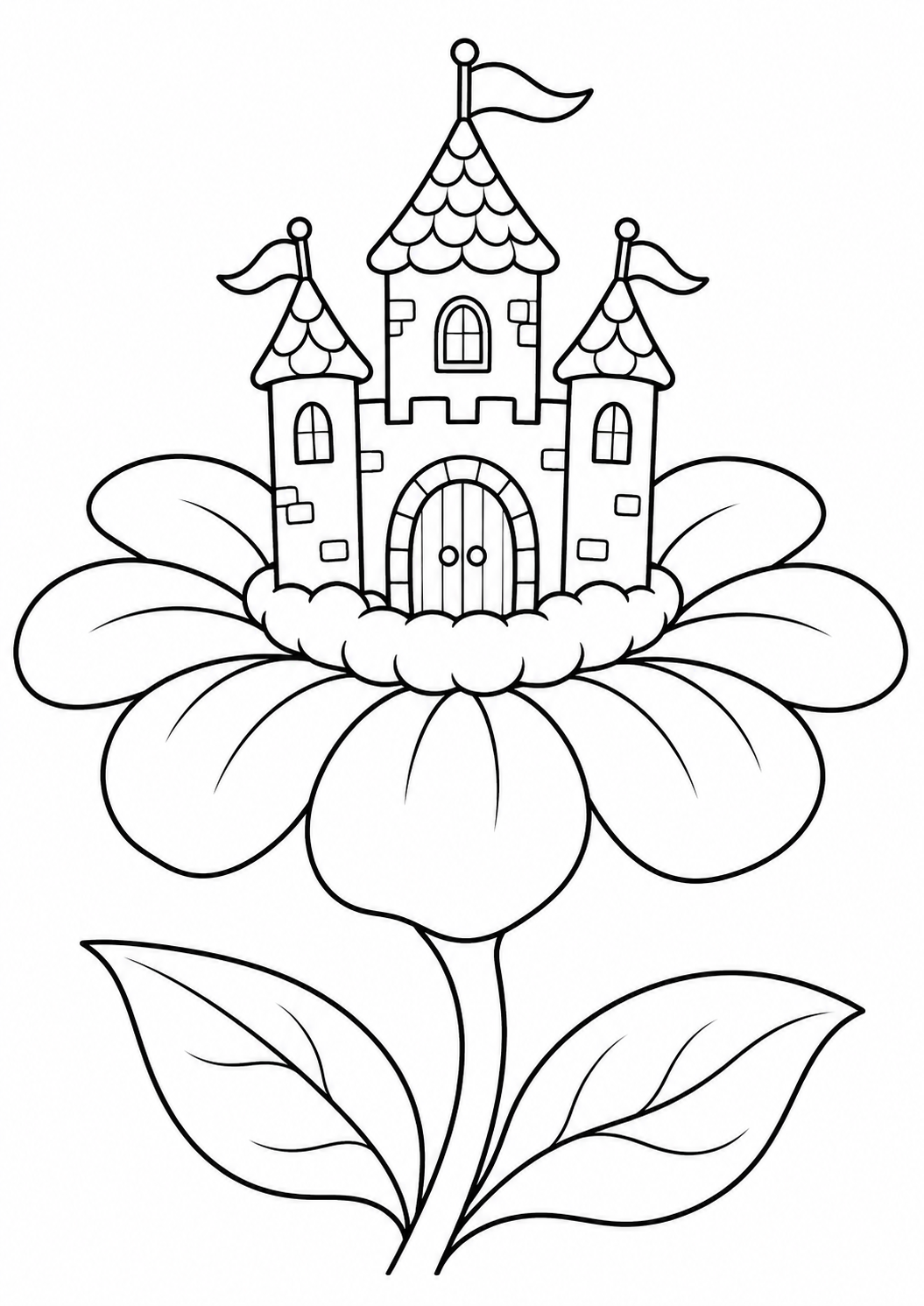 Castelo pequeno em cima de uma flor gigante, desenho para colorir em A4 retrato