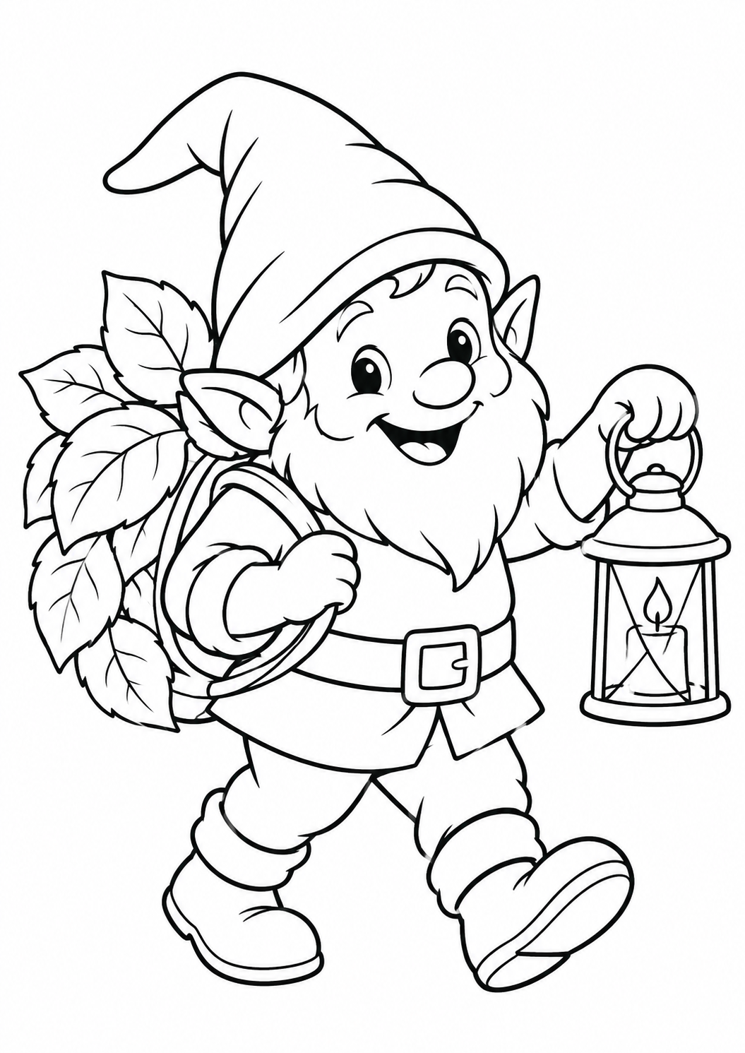 Gnomo sorridente com lanterna e mochila de folhas, desenho para colorir em A4 retrato