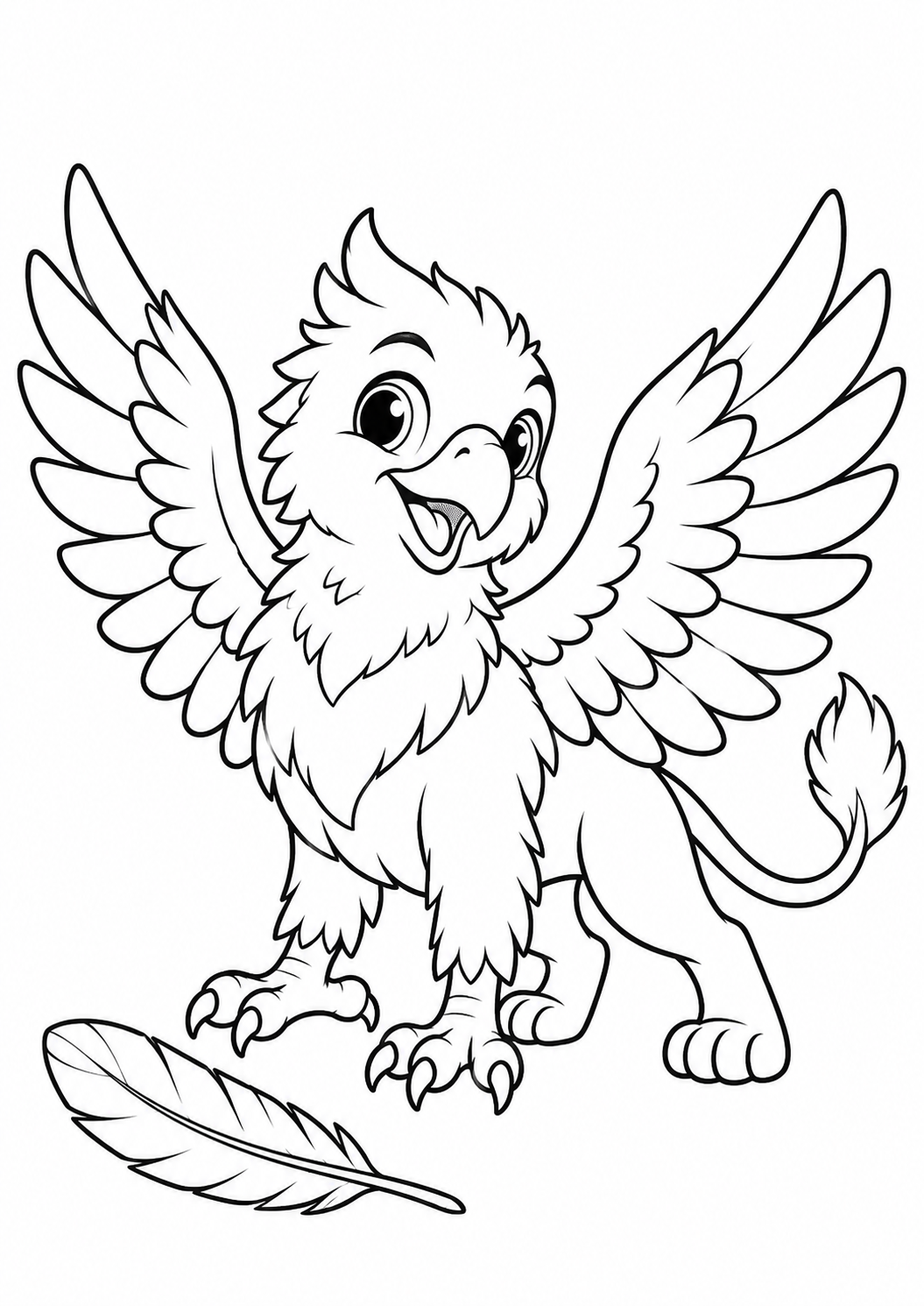 Grifo filhote com asas abertas junto a uma pena, desenho para colorir em A4 retrato