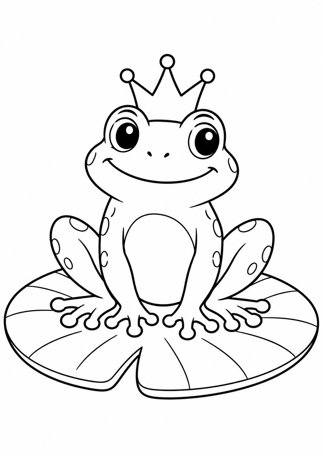 Sapo de coroa sentado numa vitória-régia, desenho para colorir em A4 retrato