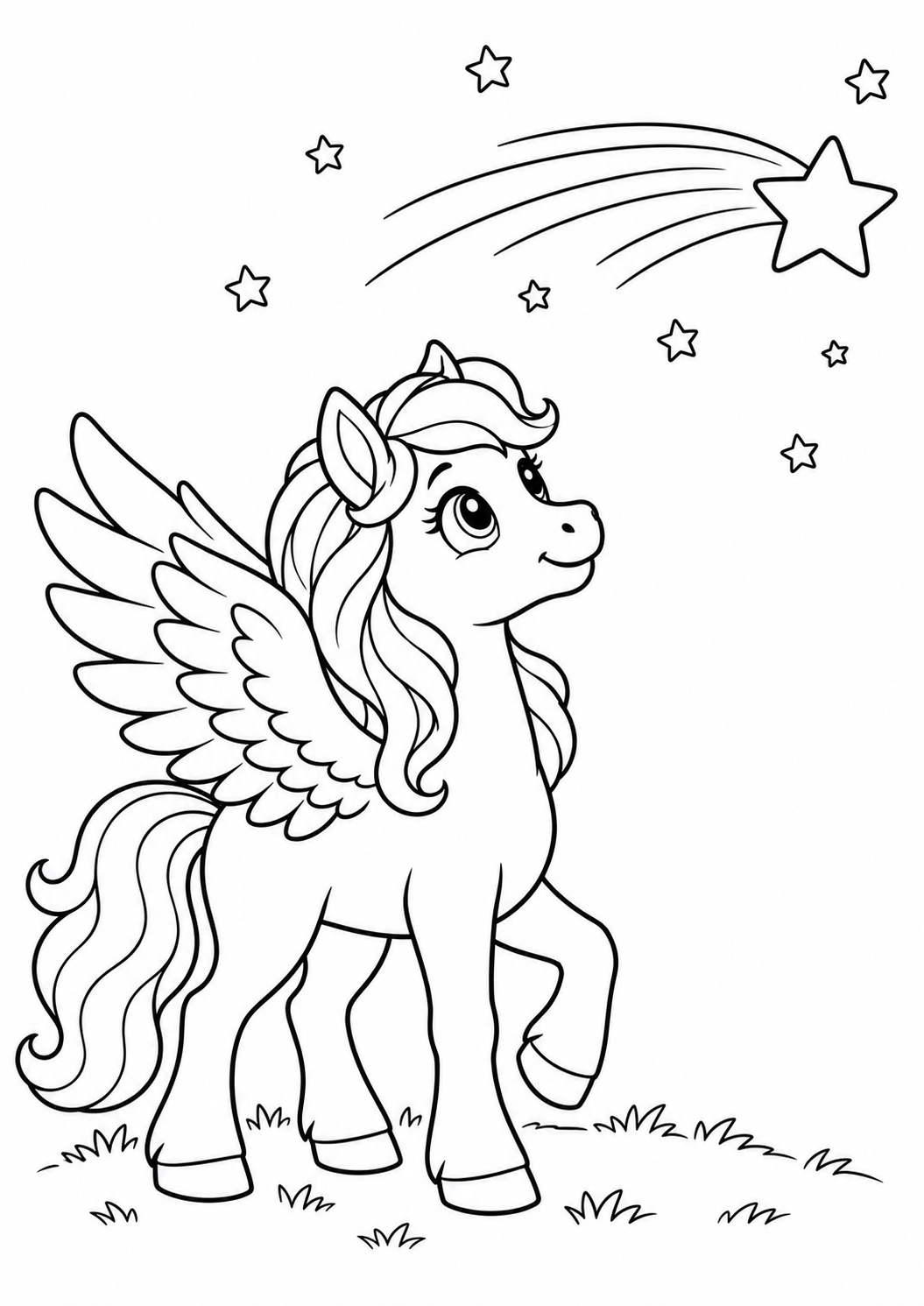 Cavalinho alado olhando uma estrela cadente, desenho para colorir em A4 retrato