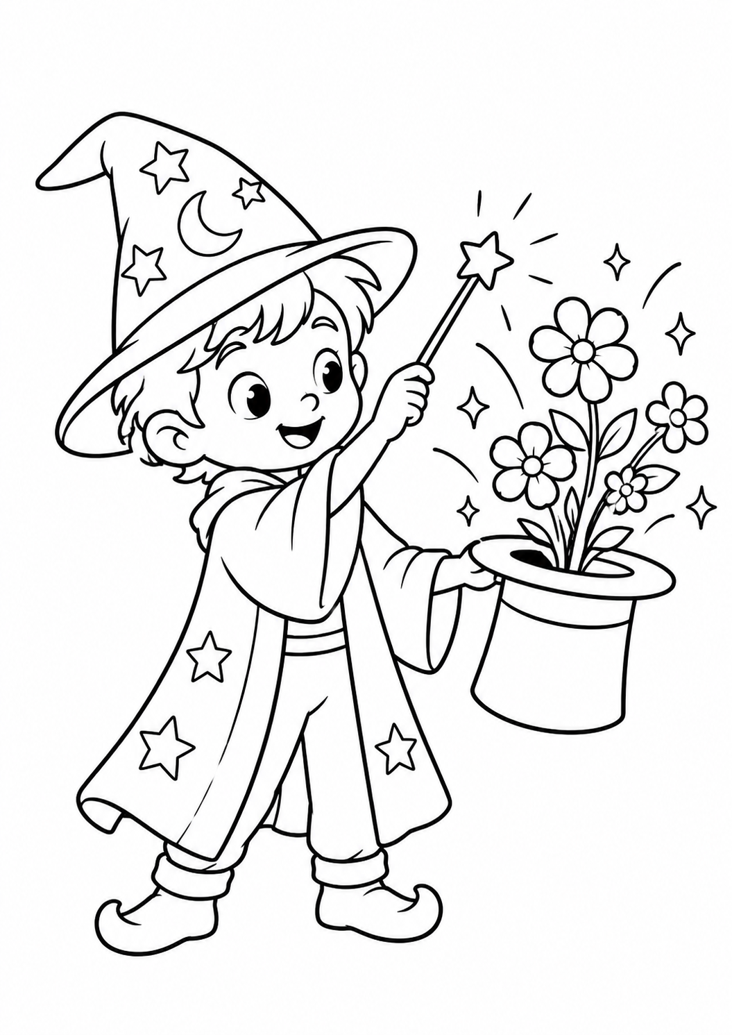 Pequeno mago fazendo flores saírem de um chapéu, desenho para colorir em A4 retrato