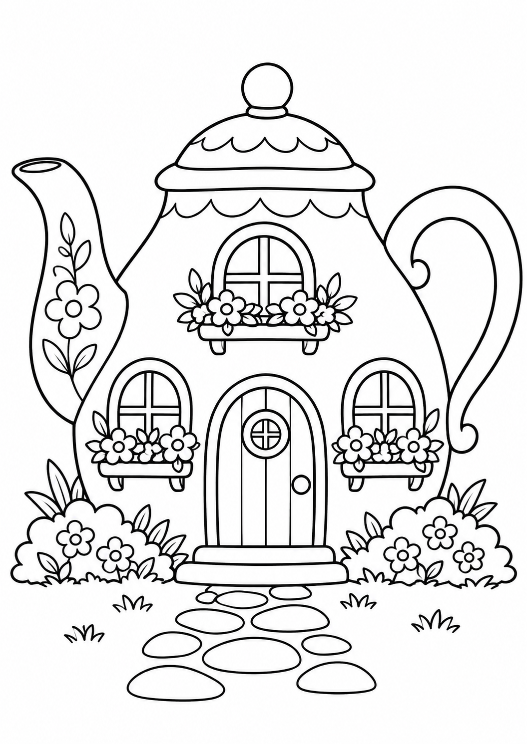 Casa em forma de chaleira com janelas floridas, desenho para colorir em A4 retrato