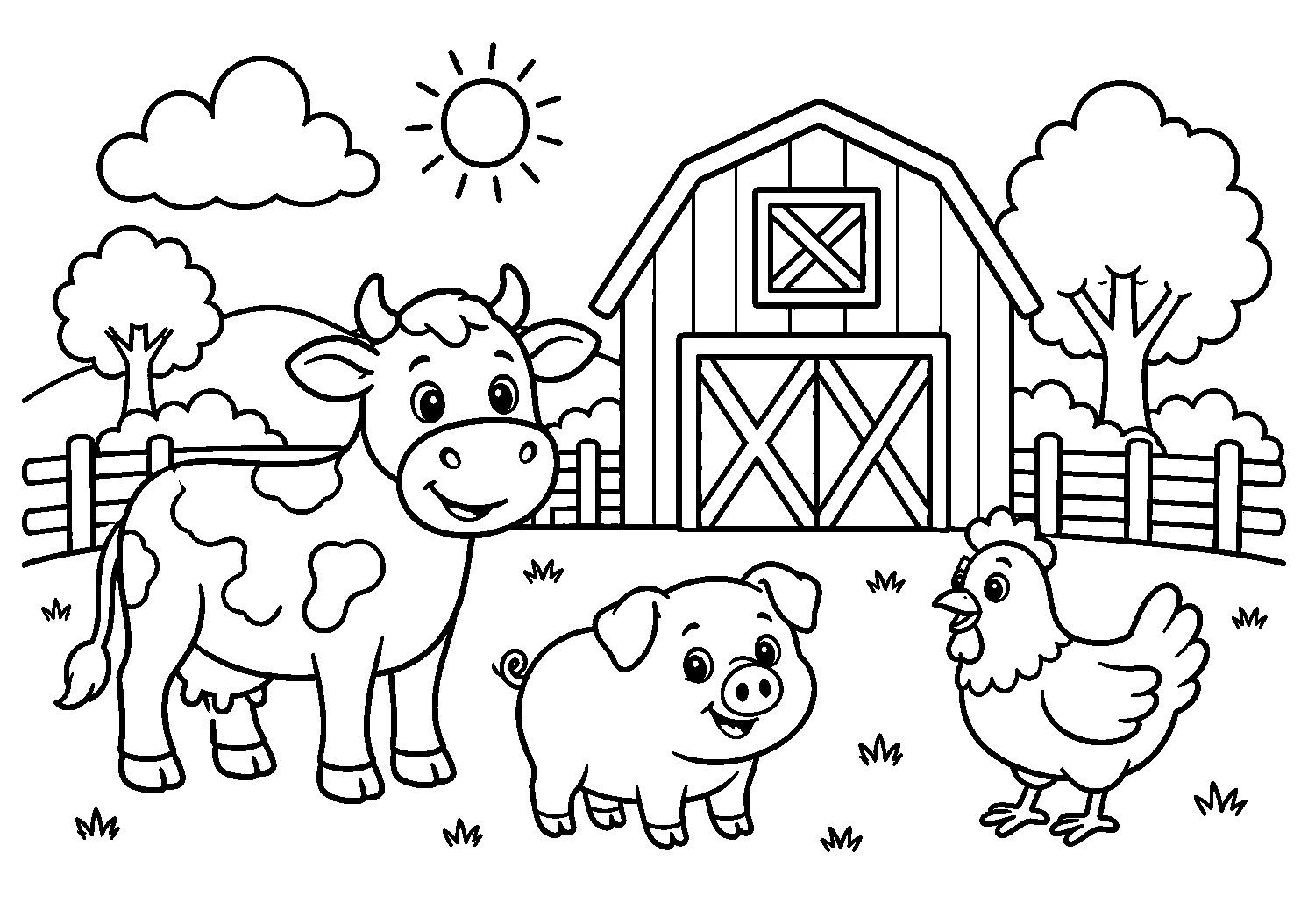 Vaquinha, porquinho e galinha diante do celeiro, desenho para colorir em A4 paisagem