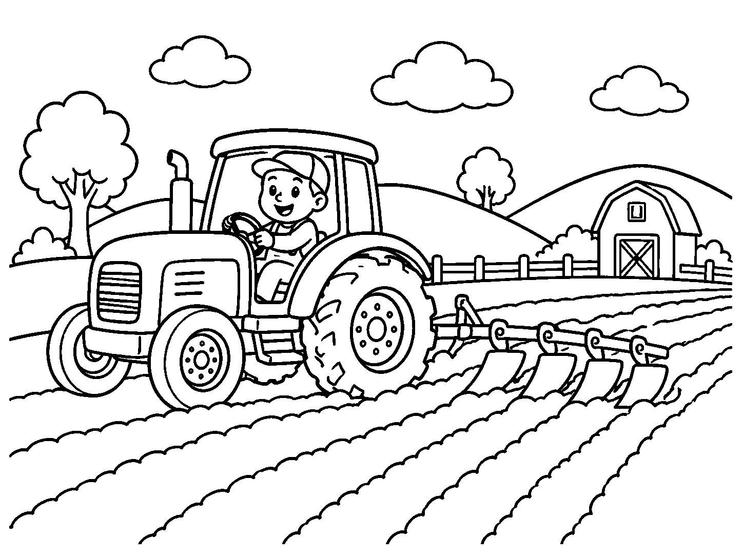 Fazendeiro arando a terra com trator, desenho para colorir em A4 paisagem