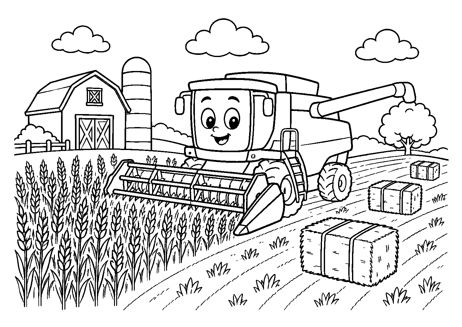 Colheitadeira na plantação de trigo, desenho para colorir em A4 paisagem