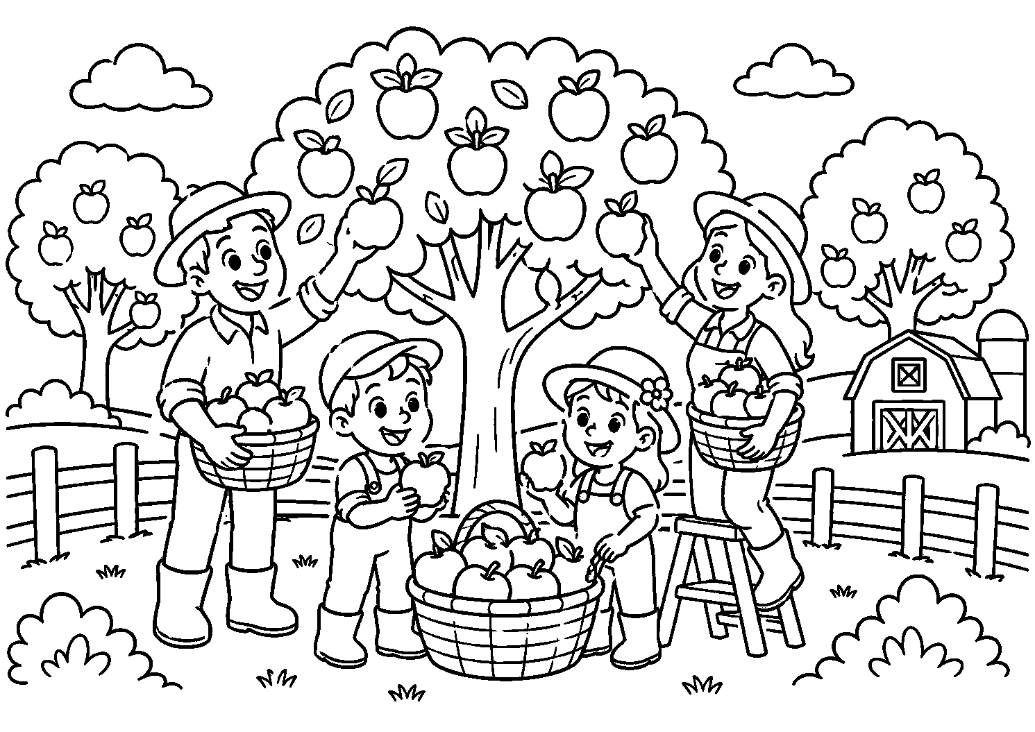 Colheita de maçãs no pomar, desenho para colorir em A4 paisagem