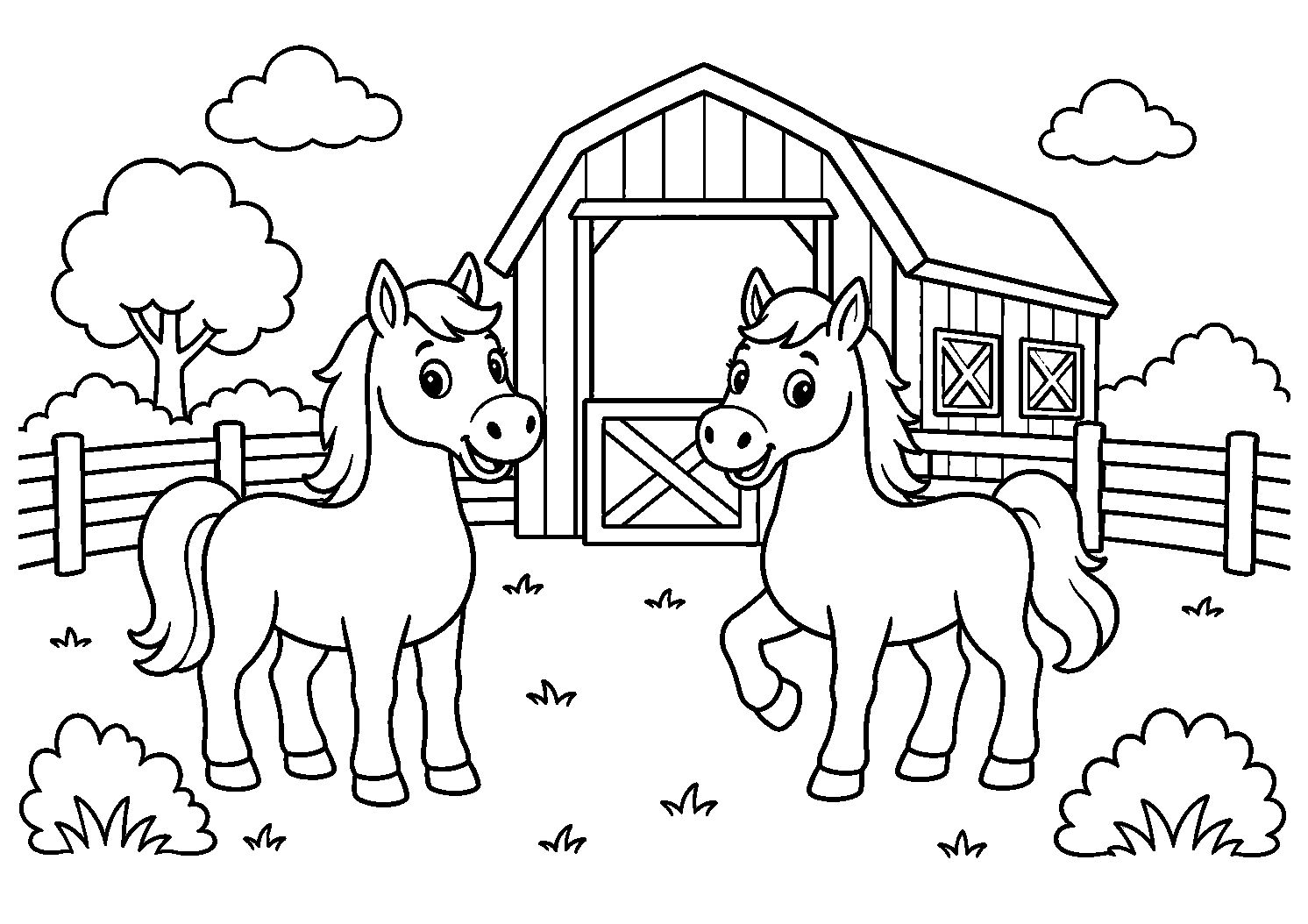 Dois cavalinhos em frente ao estábulo, desenho para colorir em A4 paisagem