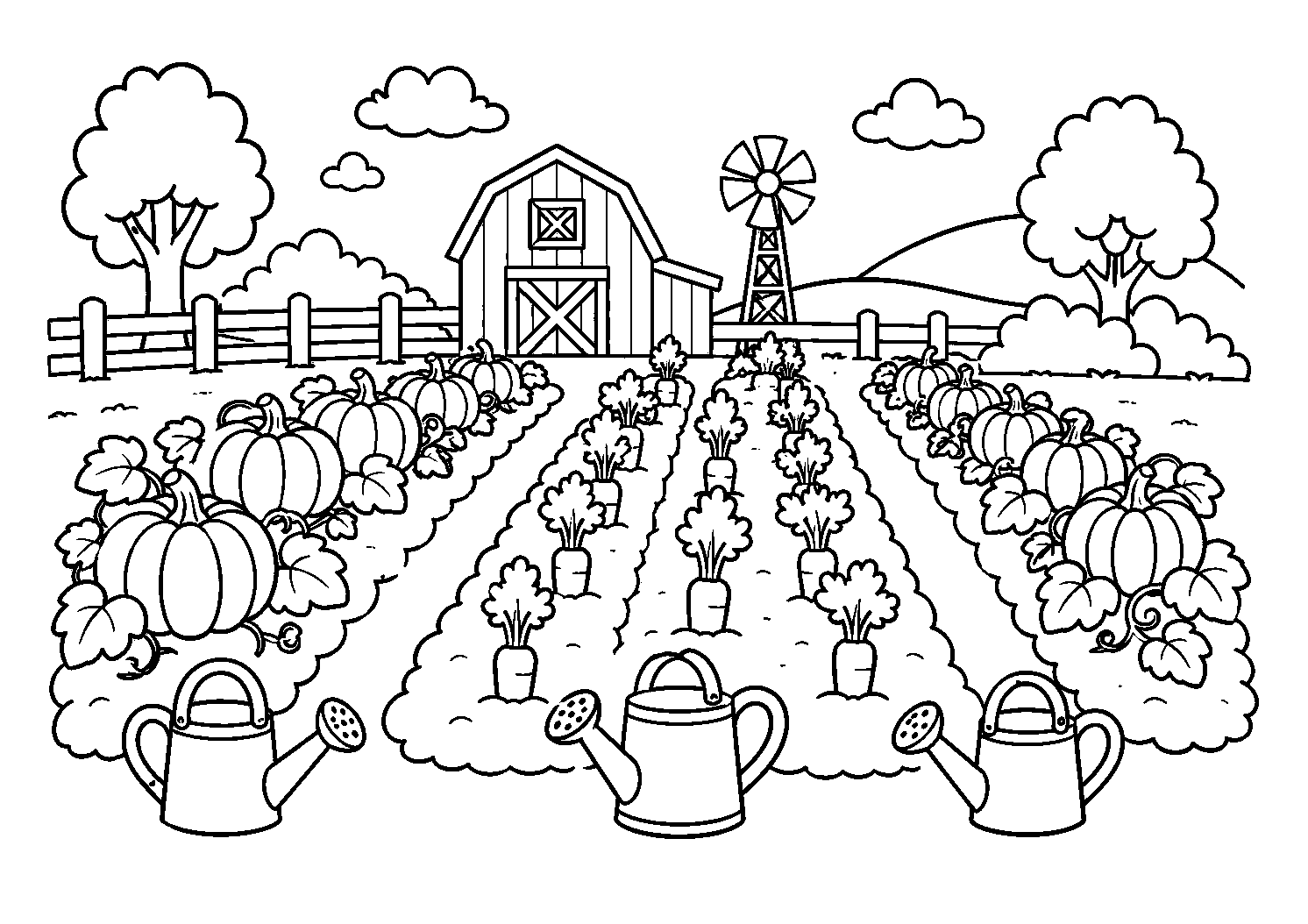 Horta de cenouras e abóboras, desenho para colorir em A4 paisagem