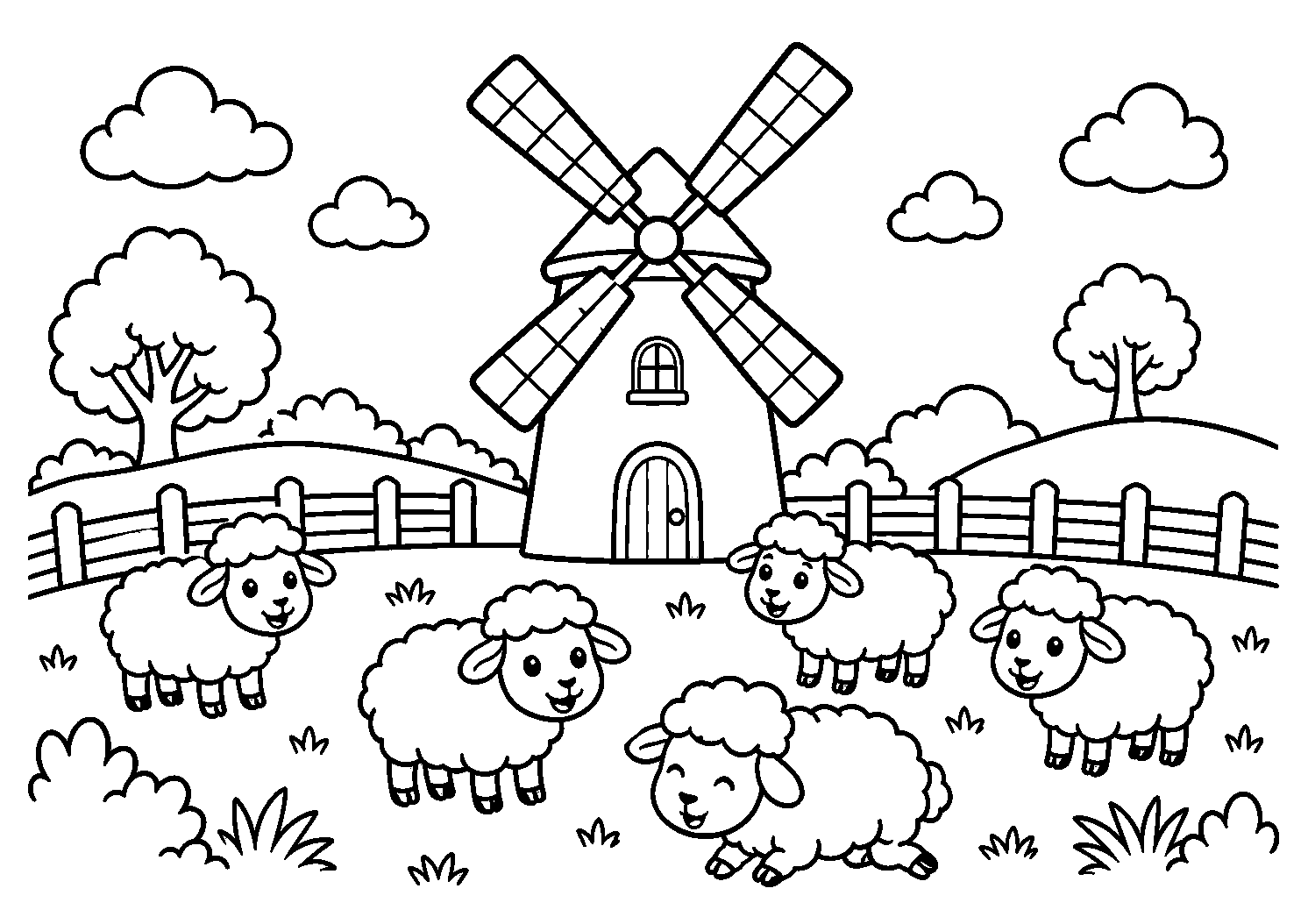 Ovelhinhas perto do moinho, desenho para colorir em A4 paisagem